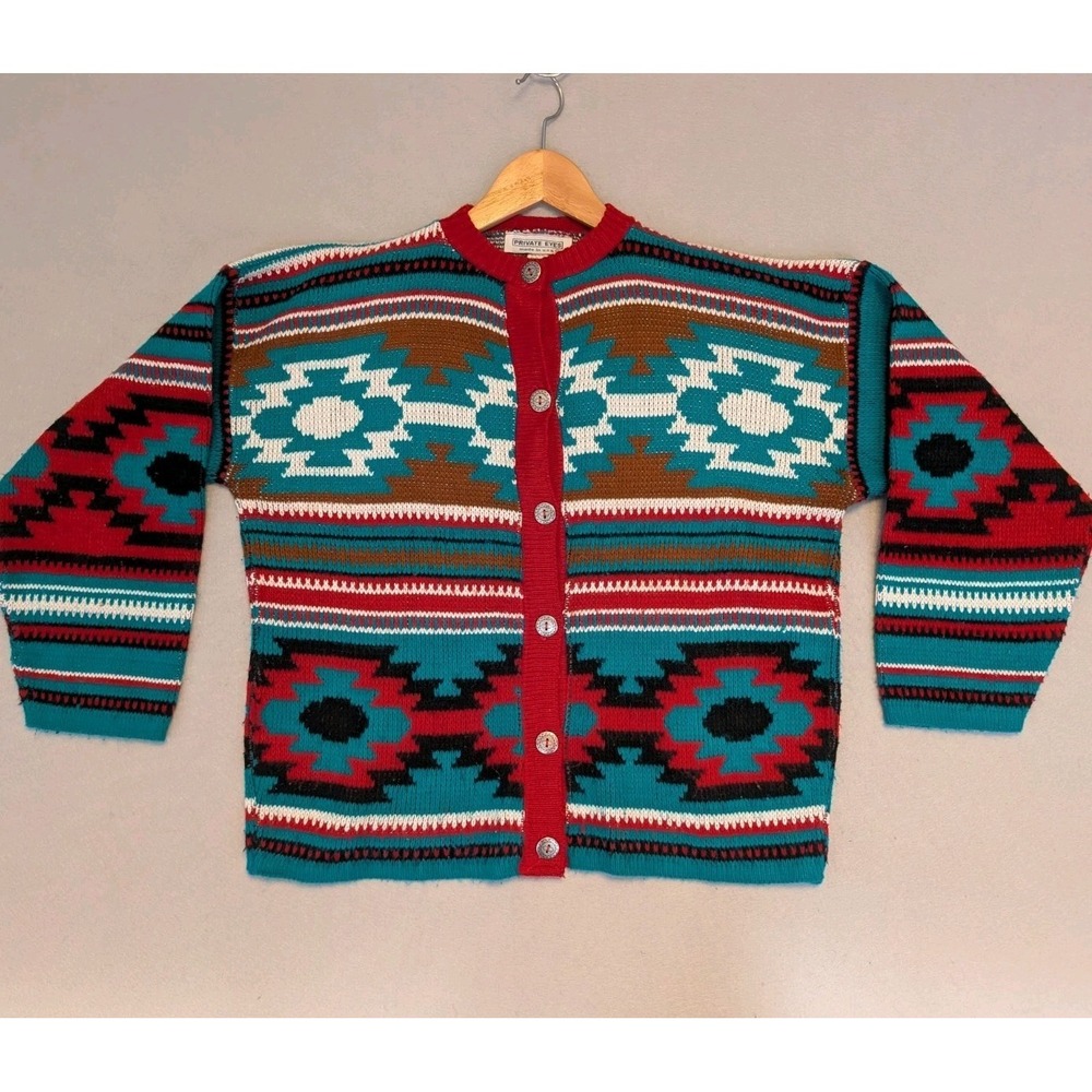 Vtg Private Eyes‎ Cardigan Native Aztec Western Women's M/L Boho USA Teal Maroon